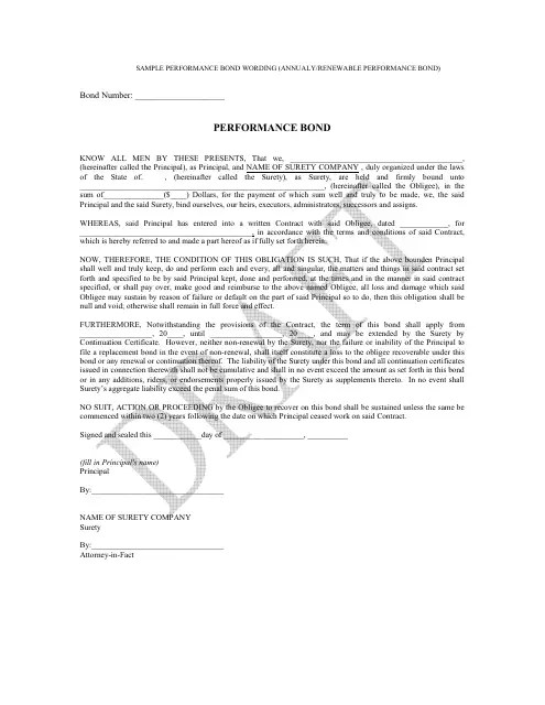 Sample Annually/Renewable Performance Bond Template Download Printable Pdf | Templateroller