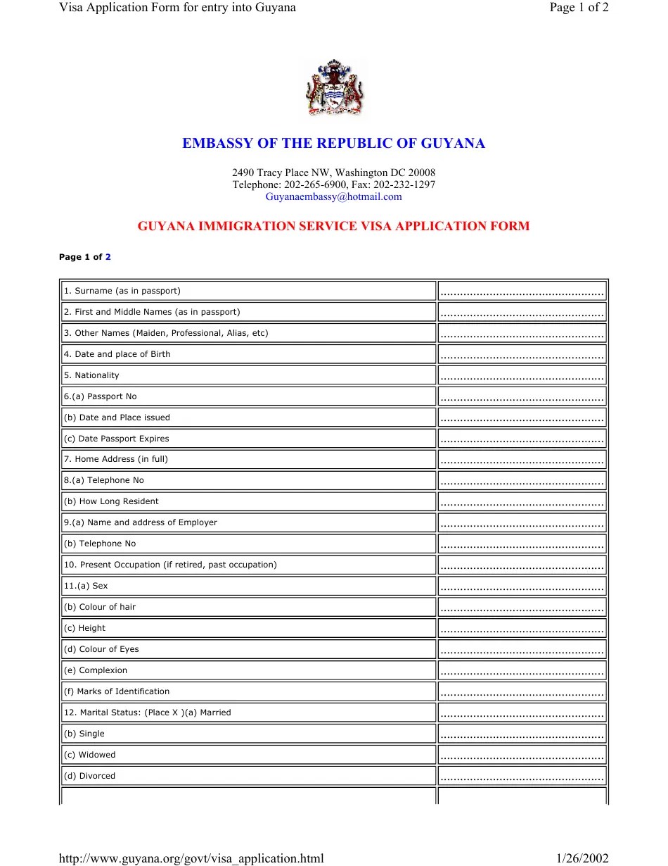 Washington Guyana Visa Application Form Embassy of the Republic of Guyana Fill Out, Sign