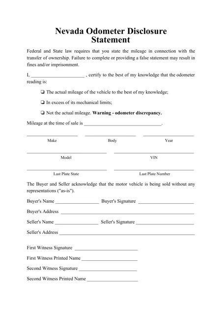 Nevada Odometer Disclosure Statement Form Download Printable PDF