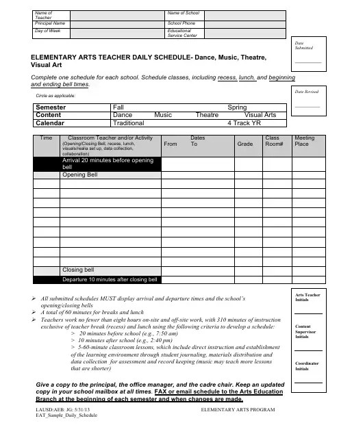 Elementary Arts Teacher Daily Schedule Template Download Printable PDF Templateroller