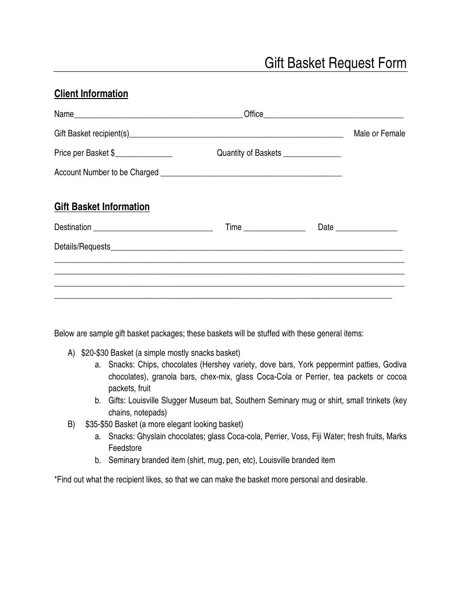 Gift Basket Request Form Fill Out, Sign Online and Download PDF Templateroller