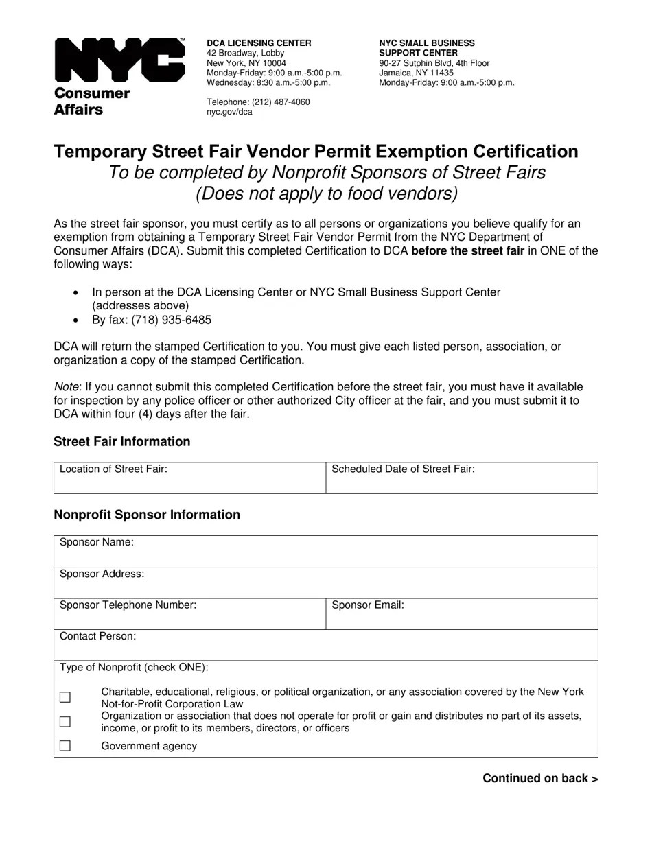 New York City Temporary Street Fair Vendor Permit Exemption Certification Fill Out, Sign