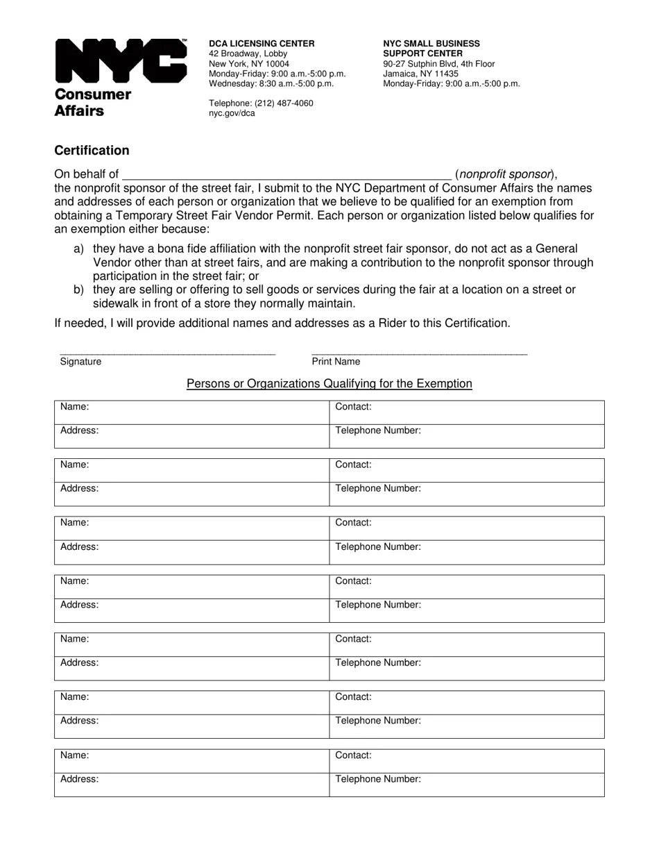 New York City Temporary Street Fair Vendor Permit Exemption Certification Fill Out, Sign