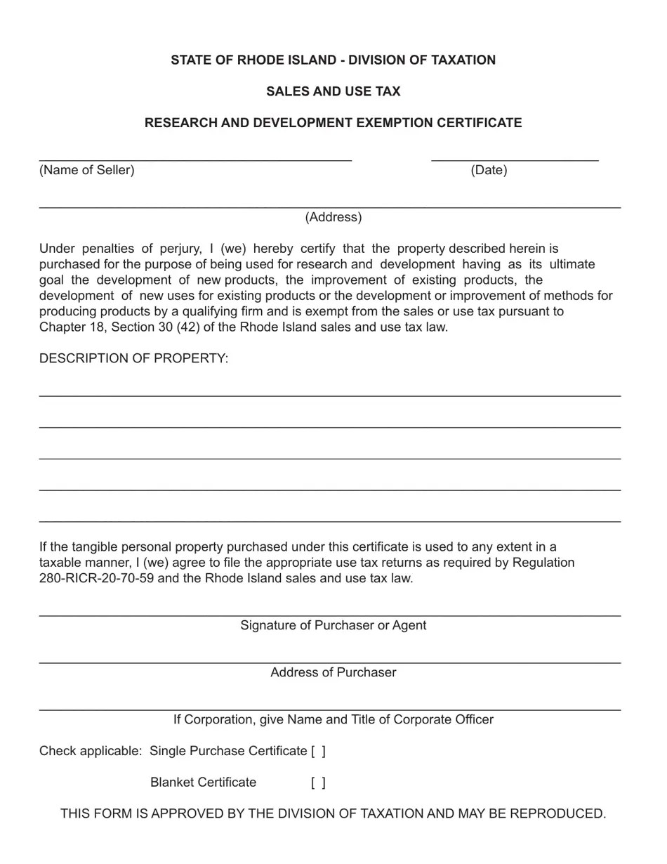Rhode Island Research and Development Exemption Certificate Fill Out