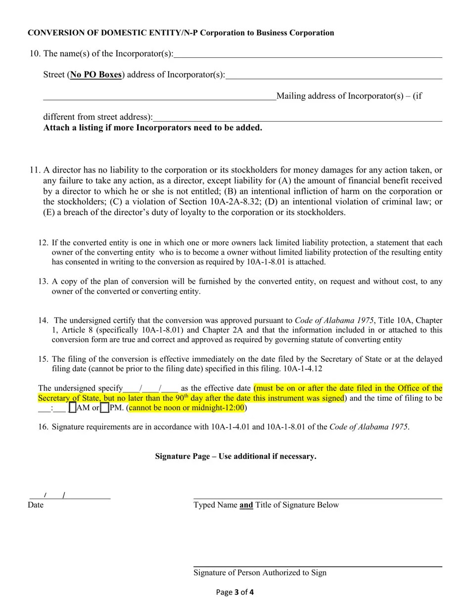 Alabama Conversion of a Domestic Entity Non Profit Corporation to