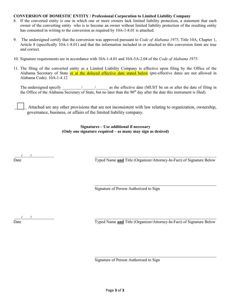 Alabama Conversion of a Domestic Entity Professional Corporation to