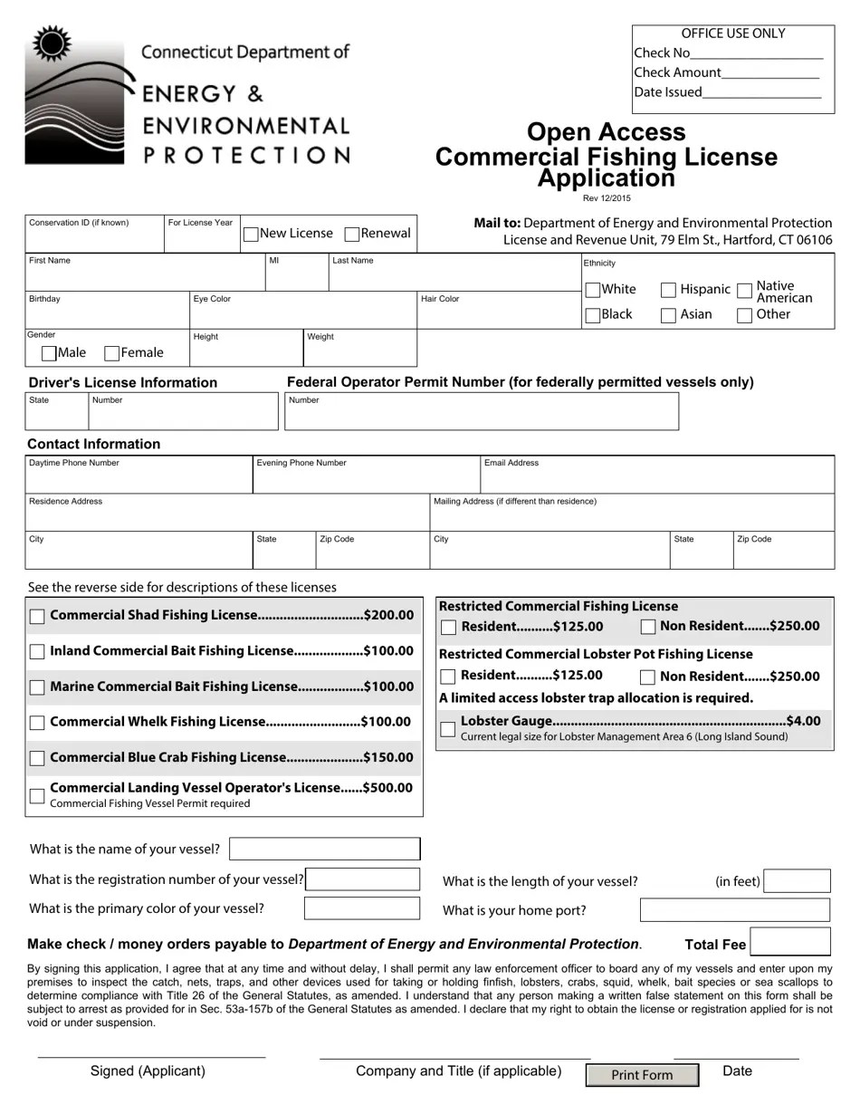 Connecticut Open Access Commercial Fishing License Application Fill