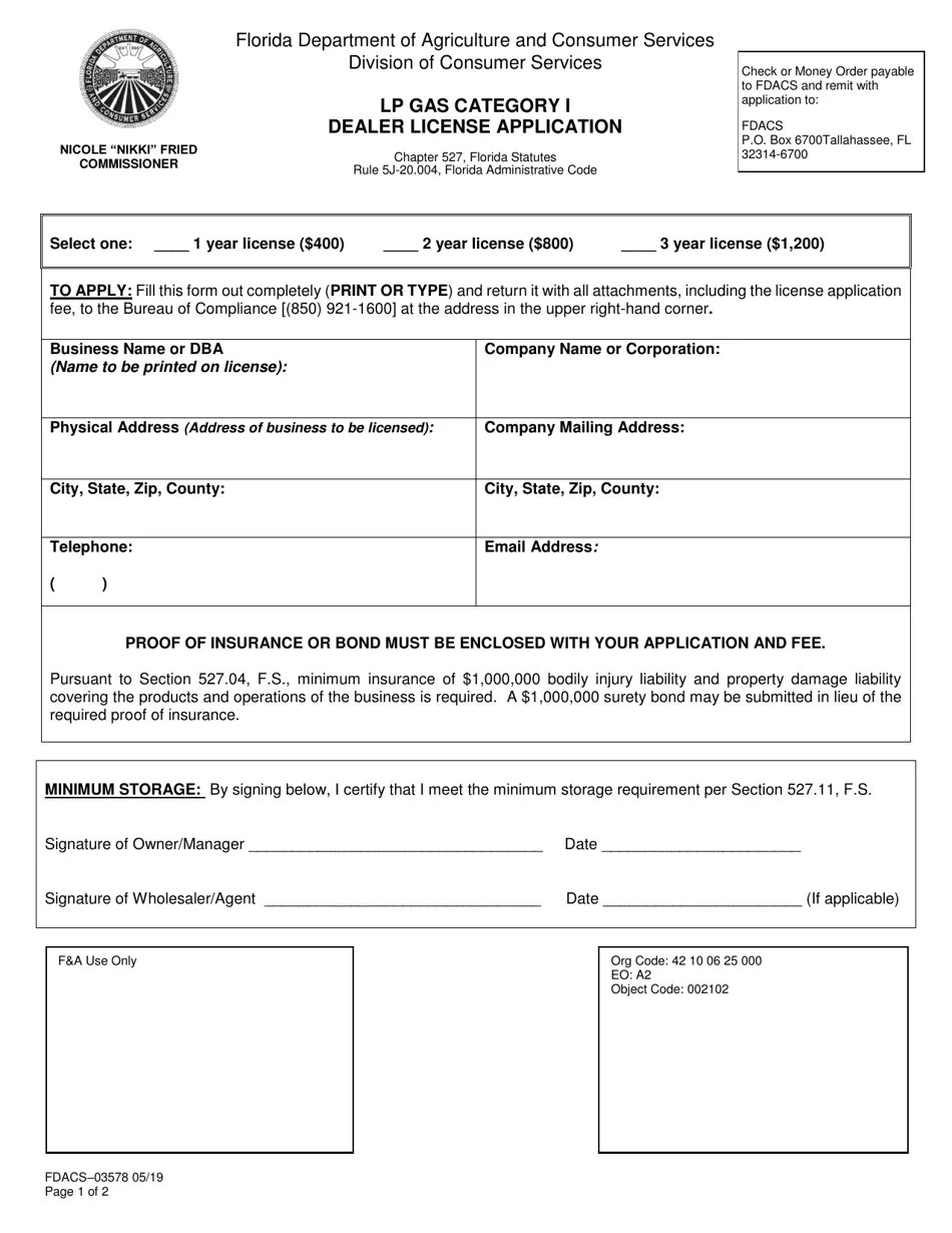 Form FDACS03578 Download Fillable PDF or Fill Online Lp Gas Category I Dealer License