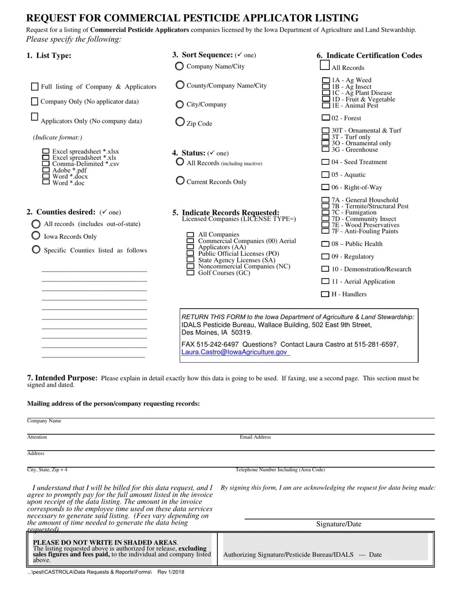 Iowa Request for Commercial Pesticide Applicator Listing Fill Out