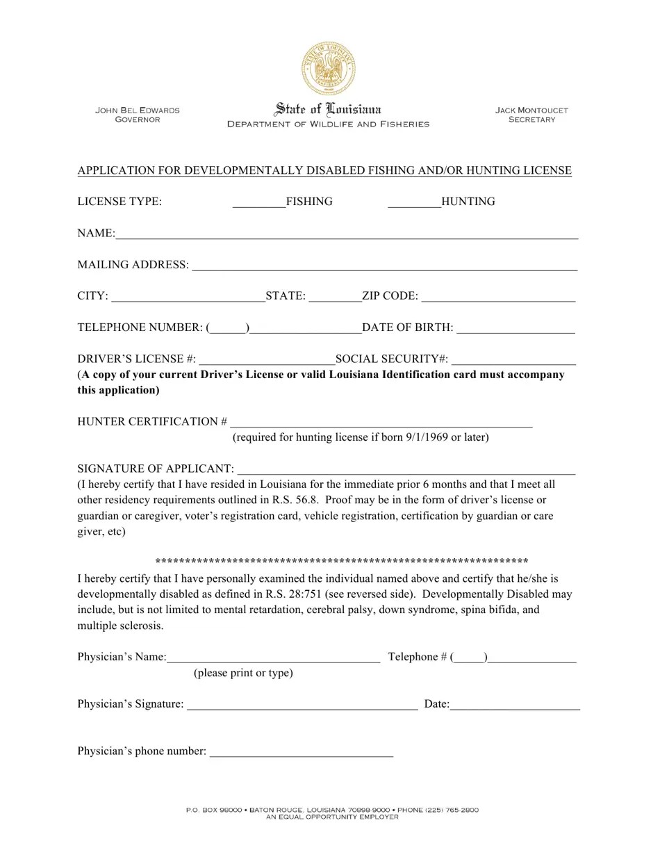 Louisiana Application for Developmentally Disabled Fishing and/or