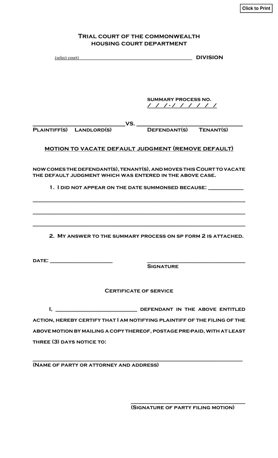 Massachusetts Motion to Vacate Default Judgment (Remove Default) Fill
