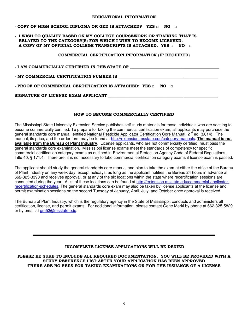 Mississippi License Exam Application for Pest and Weed Control Categories, Landscape