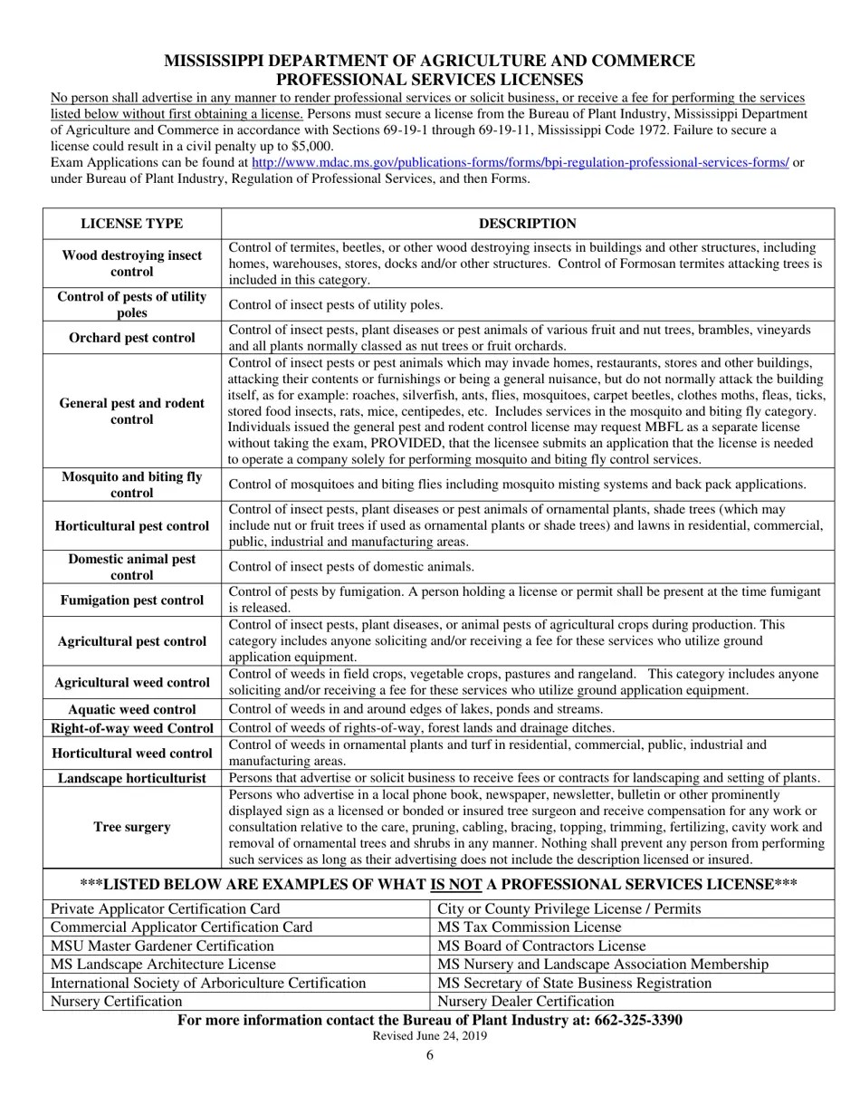 Mississippi License Exam Application for Pest and Weed Control Categories, Landscape