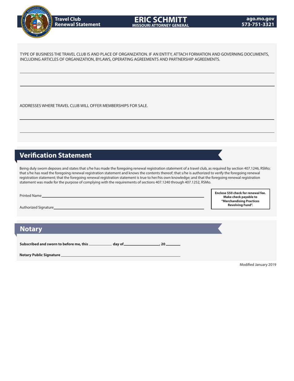 Missouri Travel Club Renewal Statement Download Fillable PDF