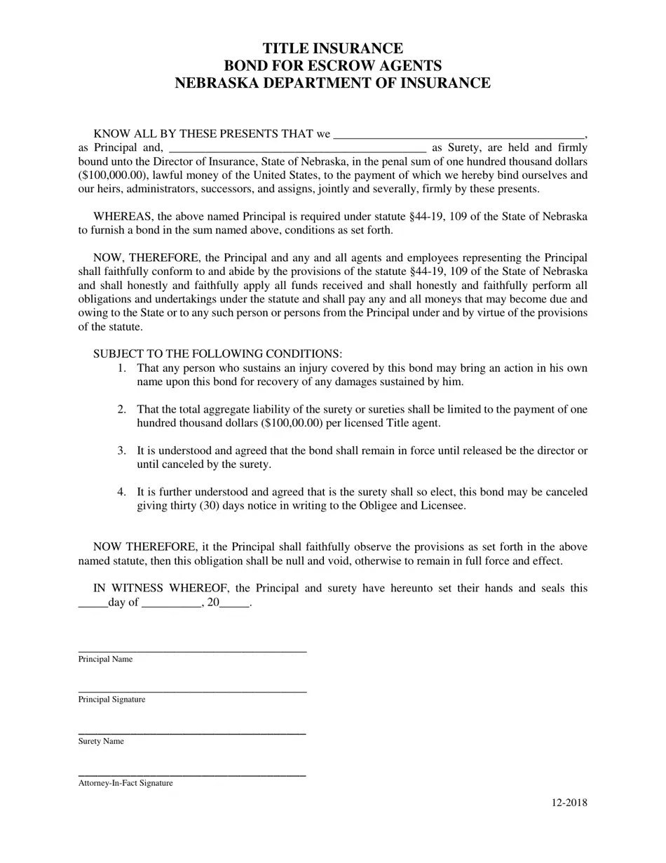 Nebraska Title Insurance Bond Form for Escrow Agents Download