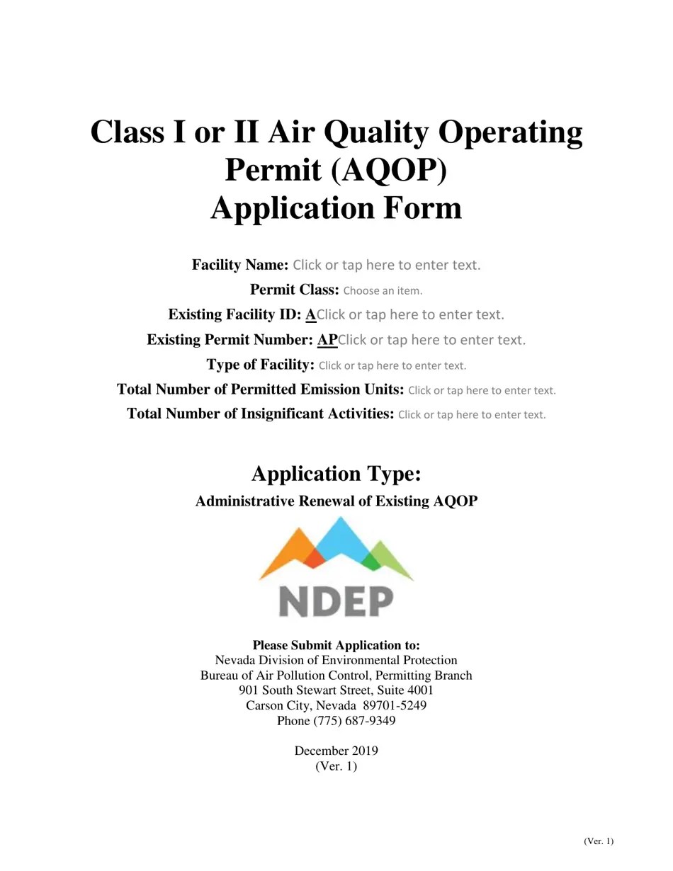 Nevada Class I or II Air Quality Operating Permit (Aqop) Application