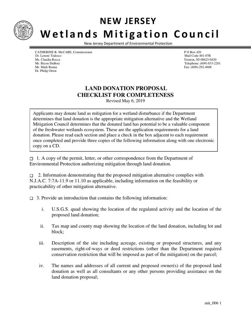 New Jersey Land Donation Proposal Checklist for Completeness Fill Out