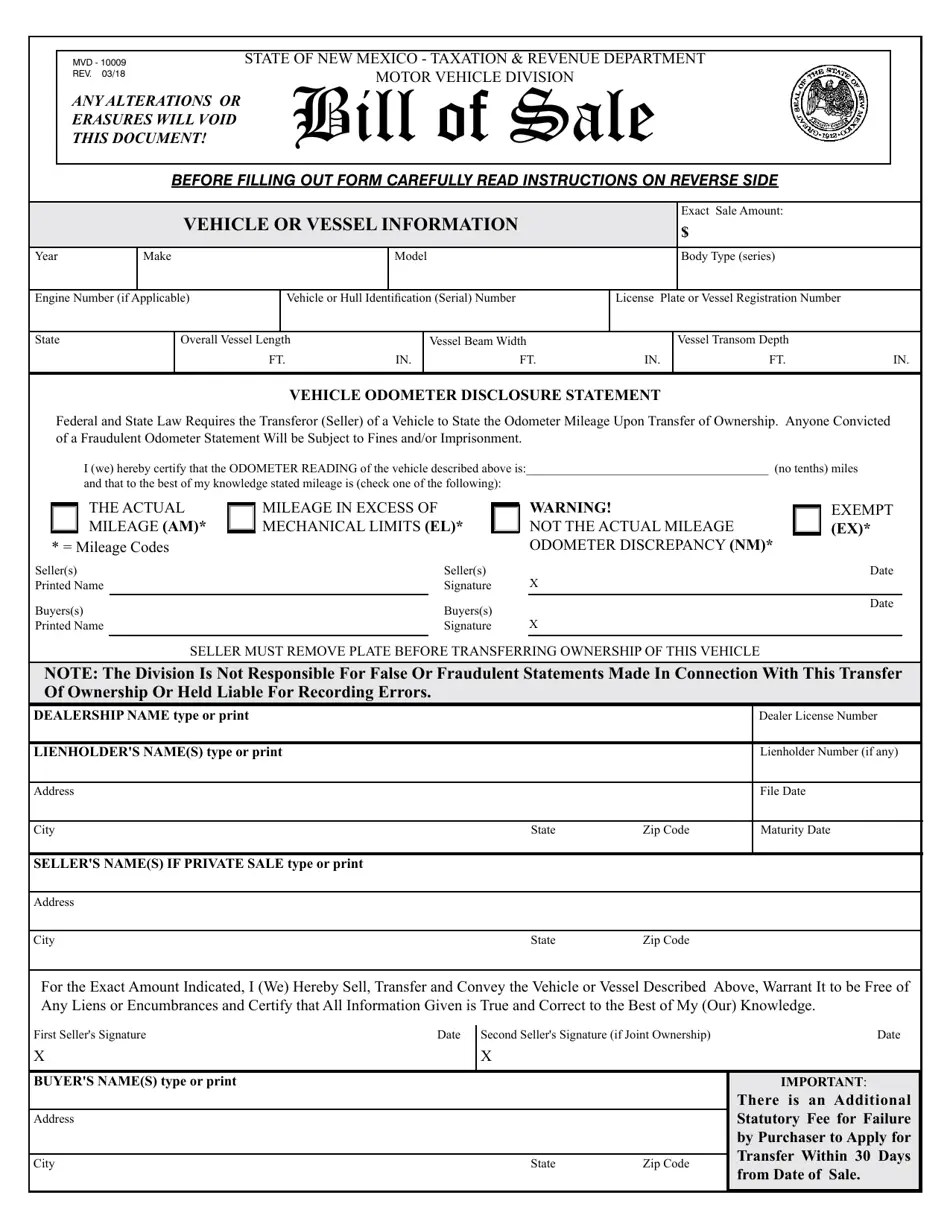 Form MVD10009 Download Fillable PDF or Fill Online Bill of Sale, New