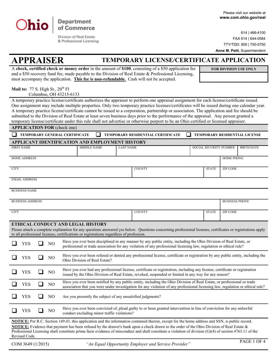 Form COM3649 Fill Out, Sign Online and Download Fillable PDF, Ohio