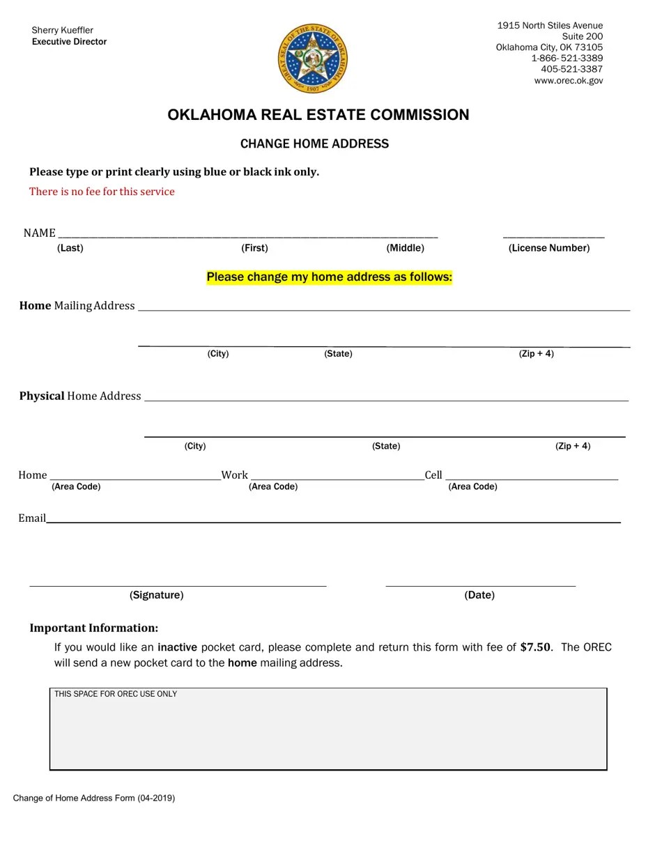 Oklahoma Change Home Address Fill Out, Sign Online and Download PDF