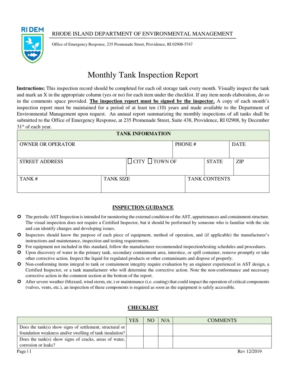 Rhode Island Monthly Tank Inspection Report Fill Out, Sign Online and