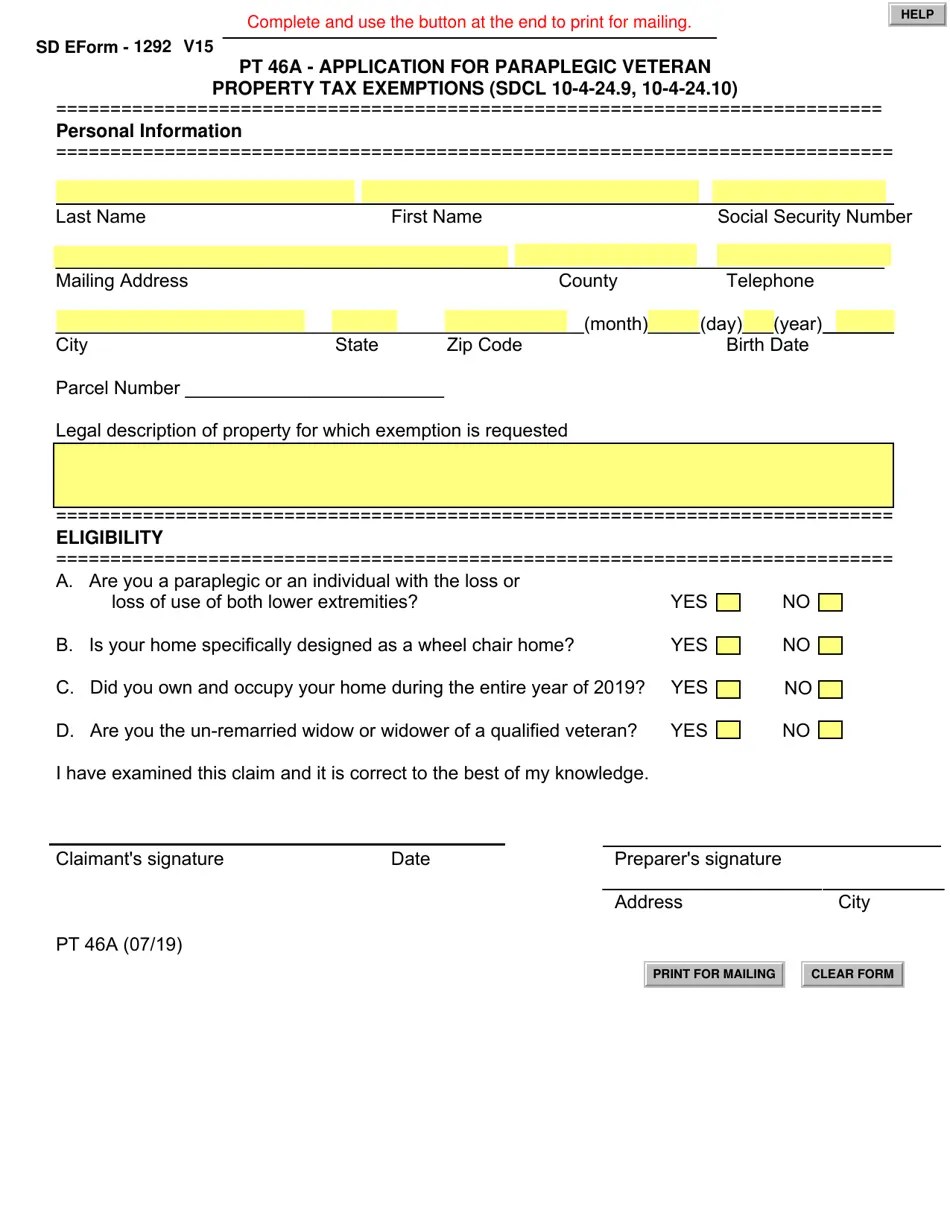 Form PT46A (SD Form 1292) Fill Out, Sign Online and Download Fillable