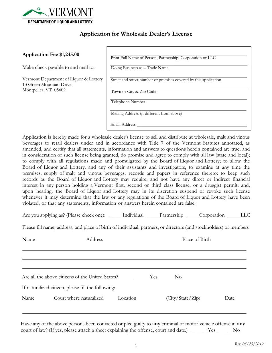 Vermont Application for Wholesale Dealer's License Fill Out, Sign