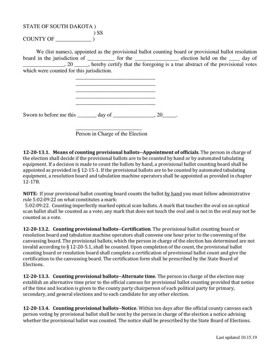 2020 South Dakota Provisional Ballot Processing Criteria for County Auditors Fill Out, Sign