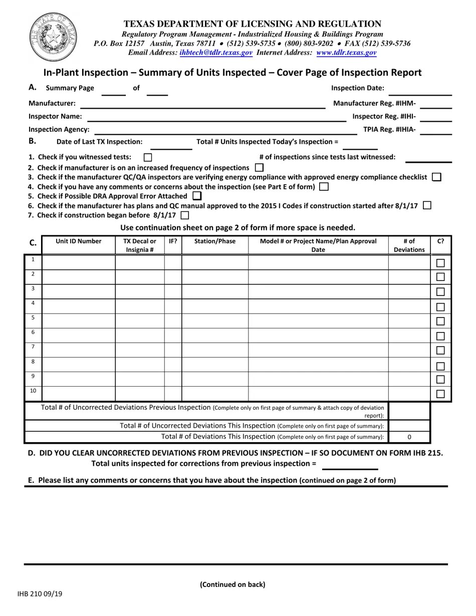 Form IHB210 Fill Out, Sign Online and Download Fillable PDF, Texas