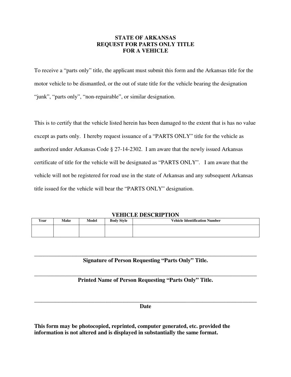 Arkansas Request for Parts Only Title for a Vehicle Fill Out, Sign