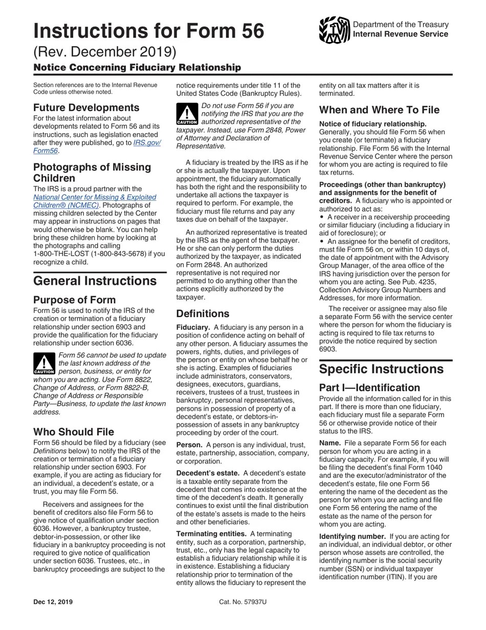 Download Instructions for IRS Form 56 Notice Concerning Fiduciary