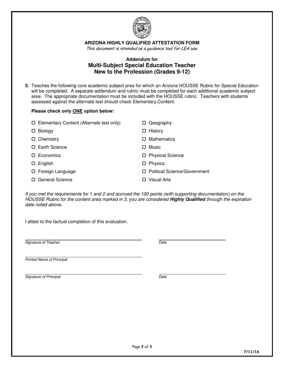Arizona Arizona Highly Qualified Attestation Form Addendum for Multi