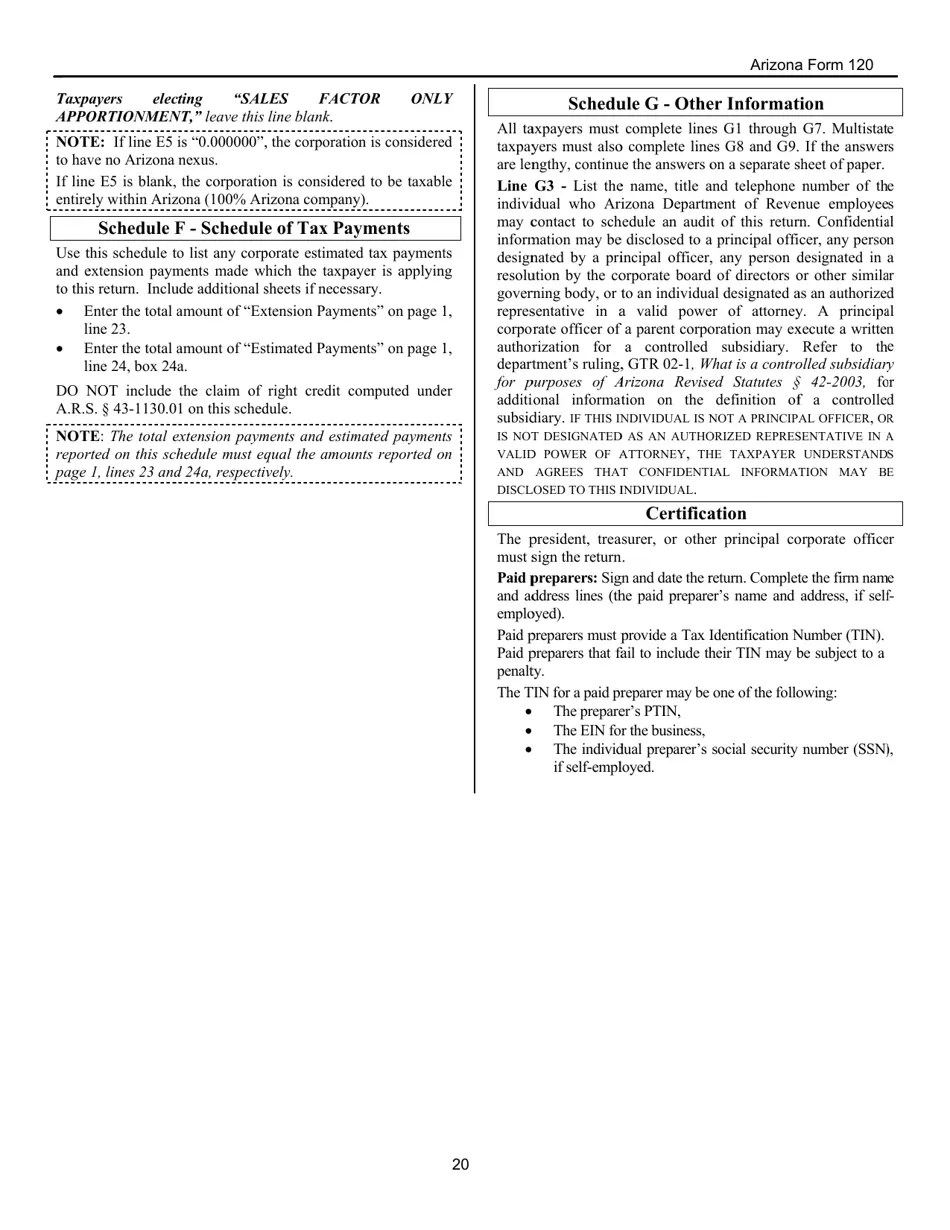 Download Instructions for Arizona Form 120 Arizona Corporation