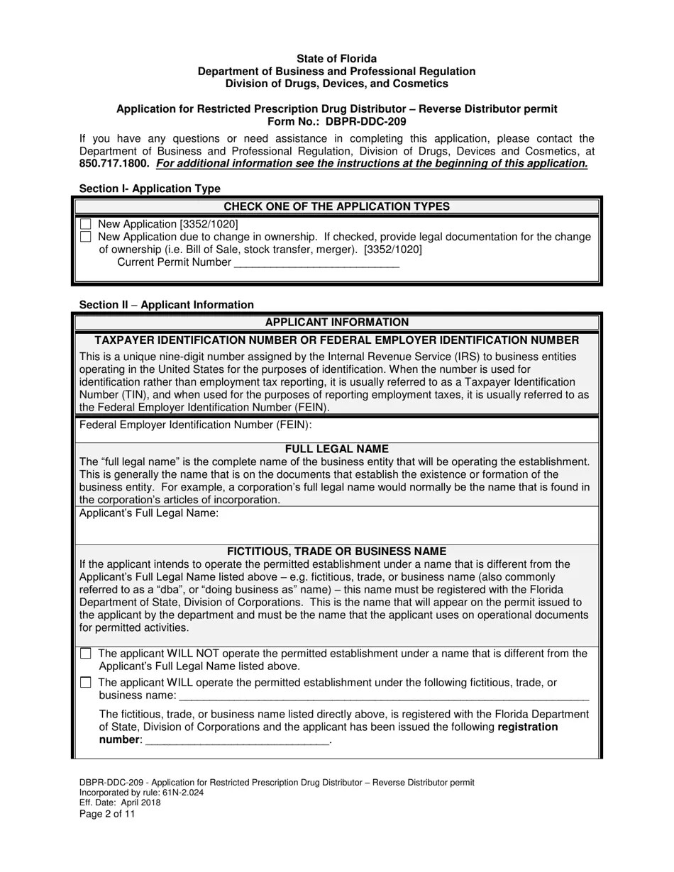 Form DBPRDDC209 Download Printable PDF or Fill Online Application for