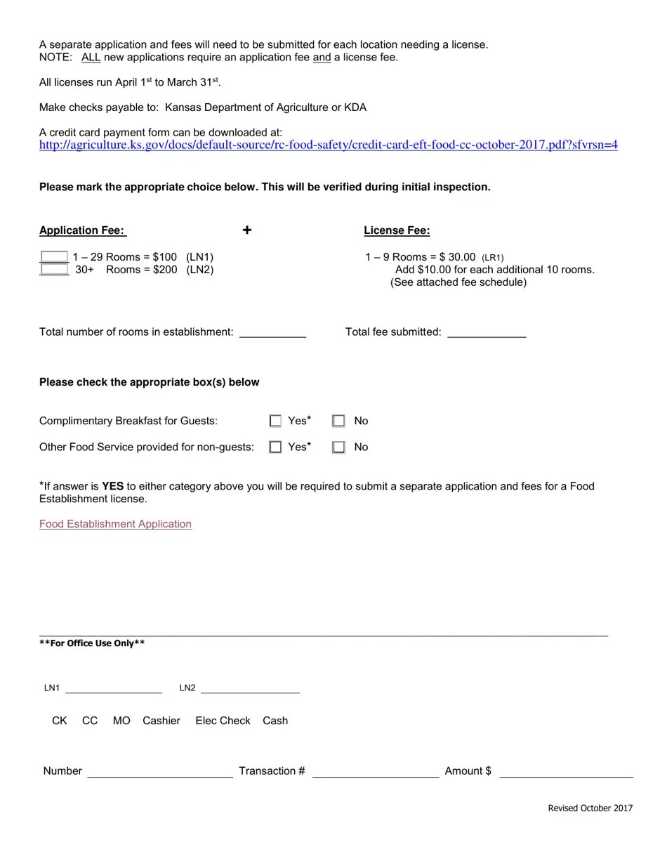 Kansas Application for Lodging Establishment License Download Fillable
