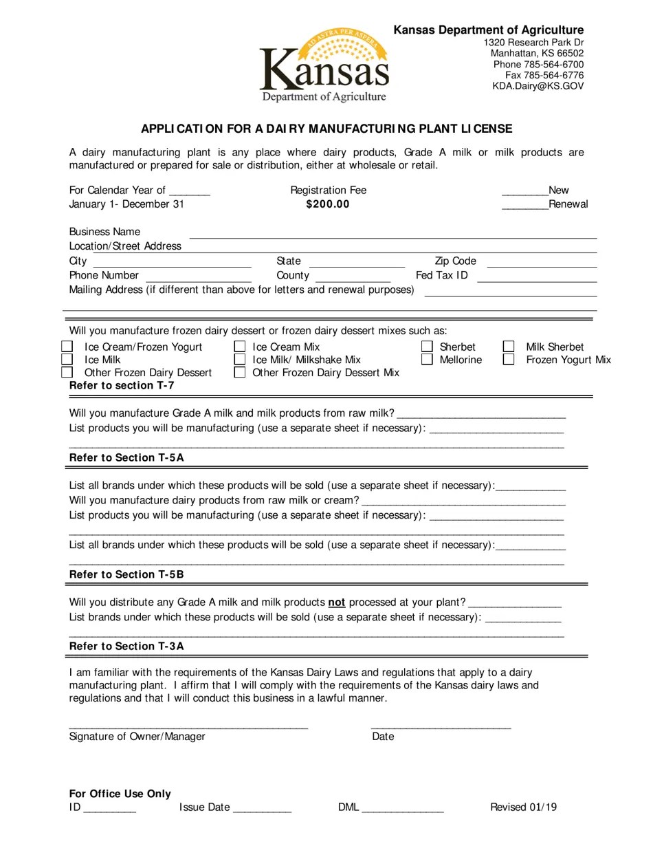 Kansas Application for a Diary Manufacturing Plant License Fill Out