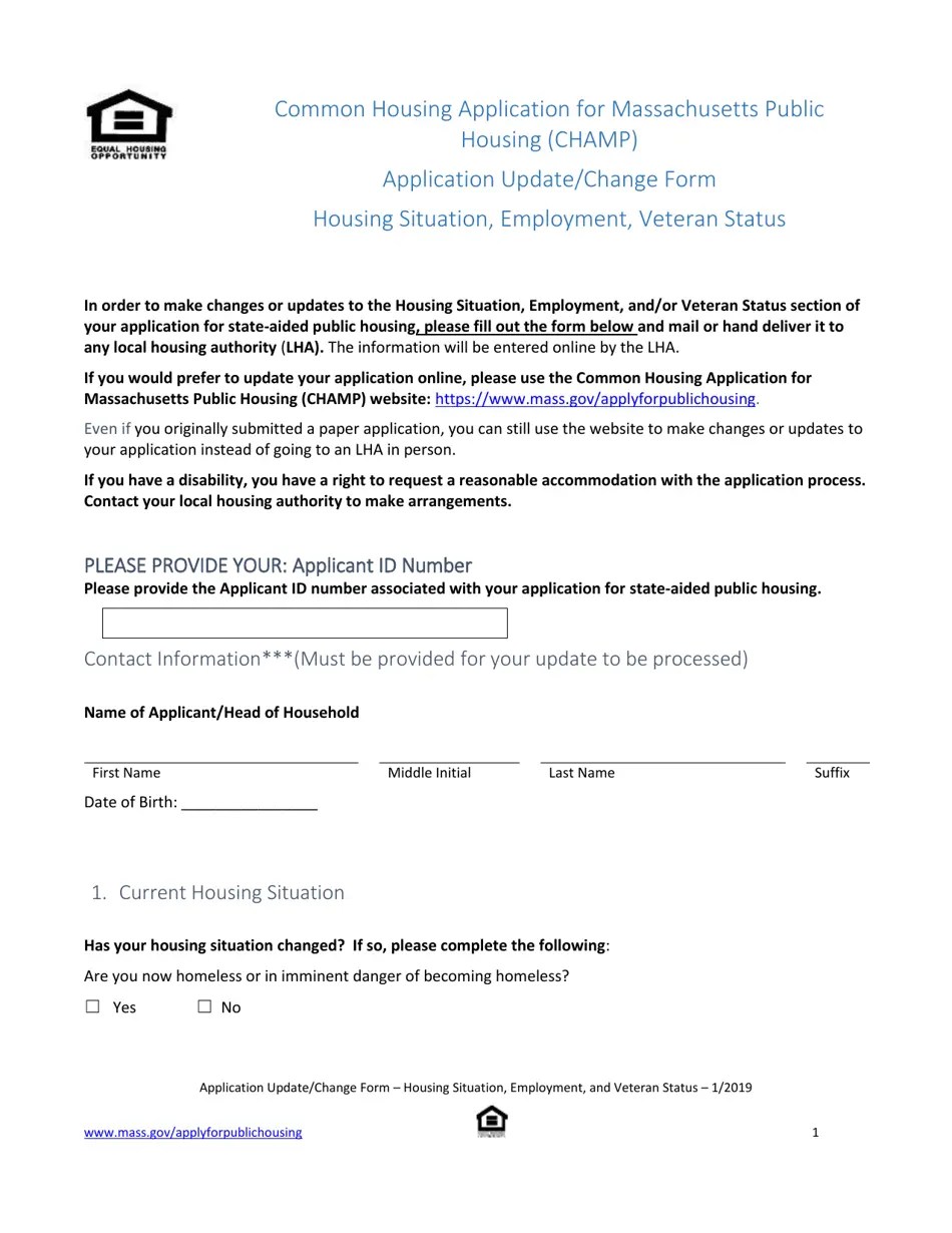 Massachusetts Application Update/Change Form Housing Situation