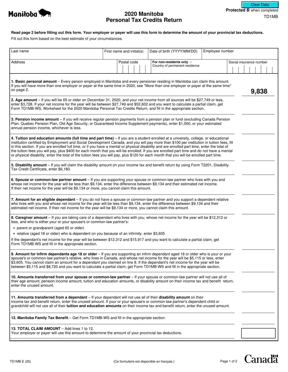 Form TD1MB Fill Out, Sign Online and Download Fillable PDF, Canada