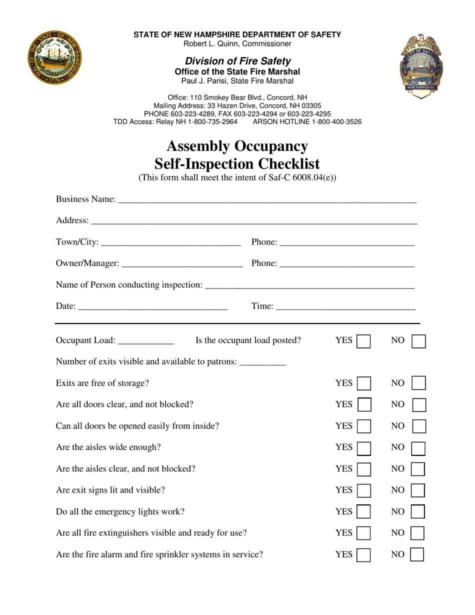 New Hampshire Assembly Occupancy Selfinspection Checklist Fill Out