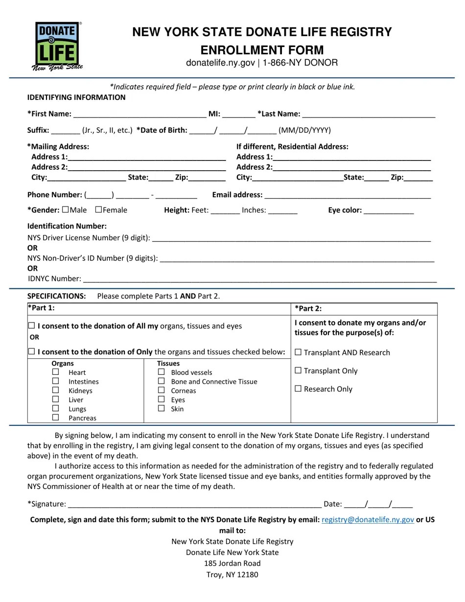 New York Enrollment Form New York State Donate Life Registry Fill