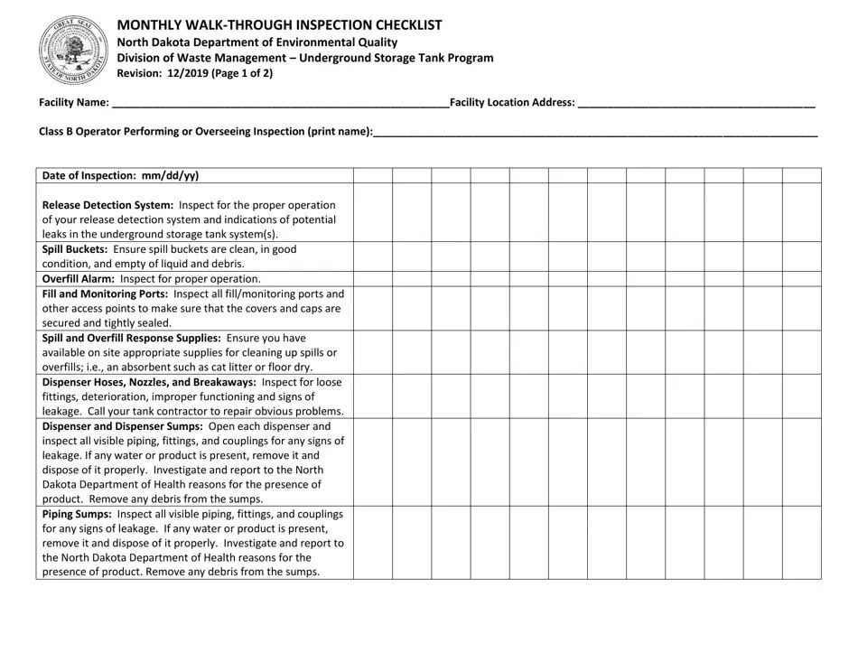 North Dakota Monthly WalkThrough Inspection Checklist Fill Out, Sign