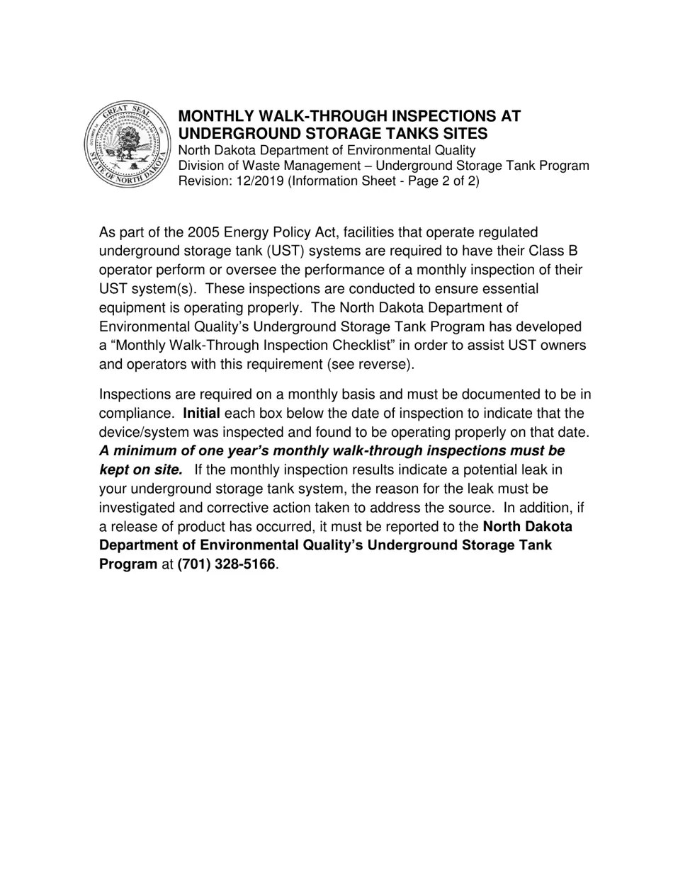 North Dakota Monthly WalkThrough Inspection Checklist Fill Out, Sign