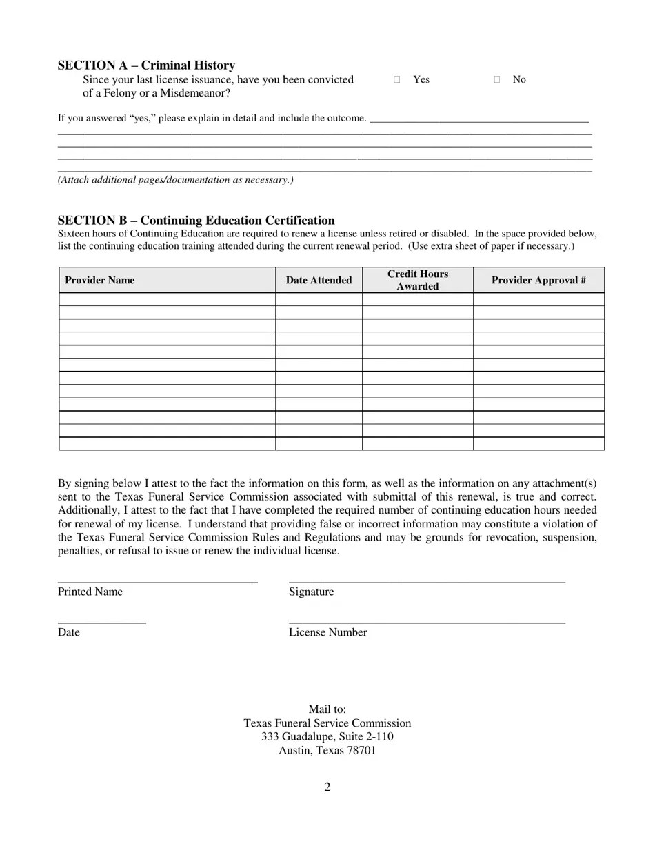 Texas Funeral Director / Embalmer Renewal Application Fill Out, Sign