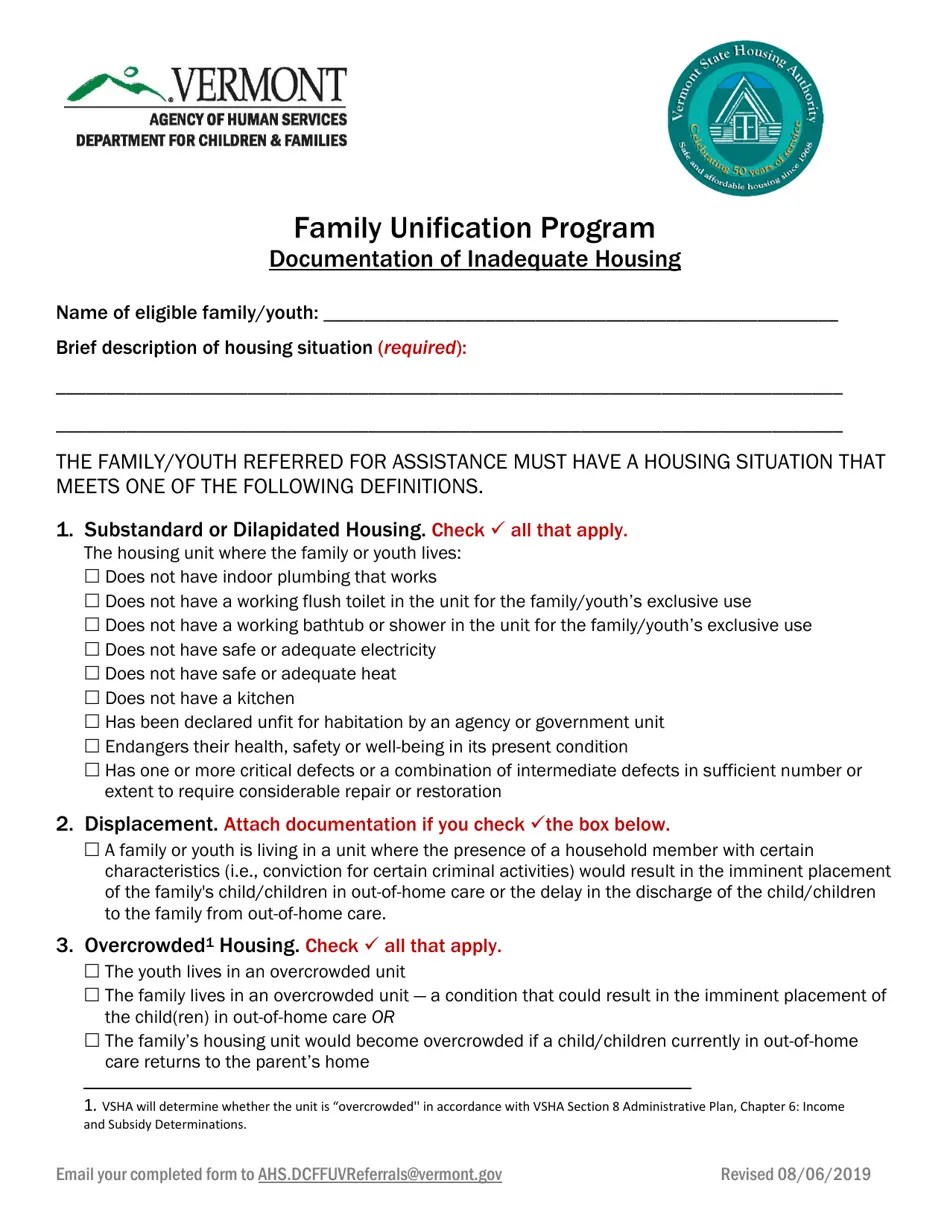 Vermont Documentation of Inadequate Housing Fill Out, Sign Online and
