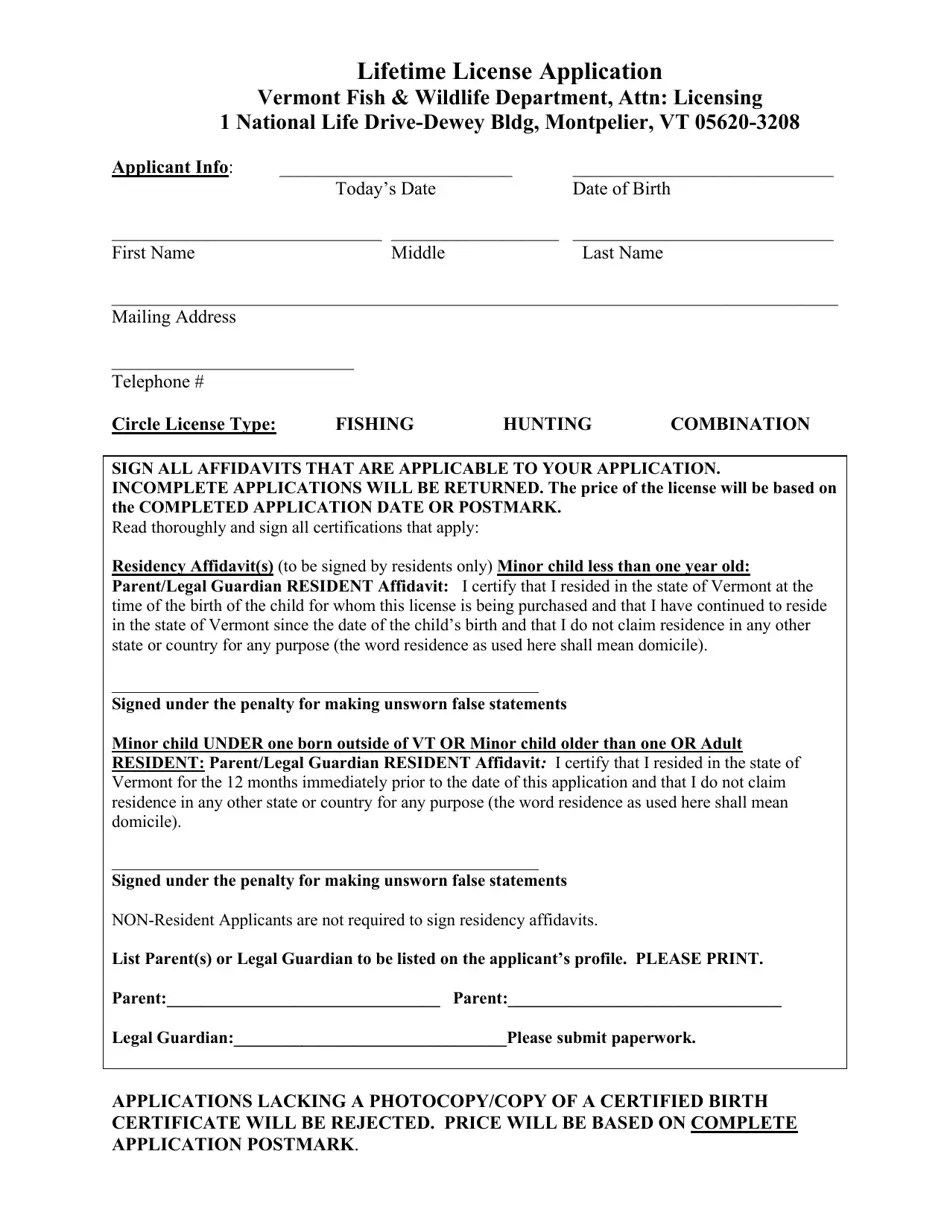 Vermont Lifetime License Application Fill Out, Sign Online and