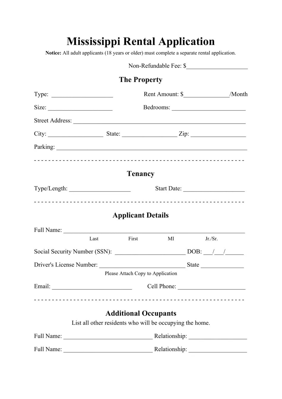 Mississippi Rental Application Form Fill Out, Sign Online and