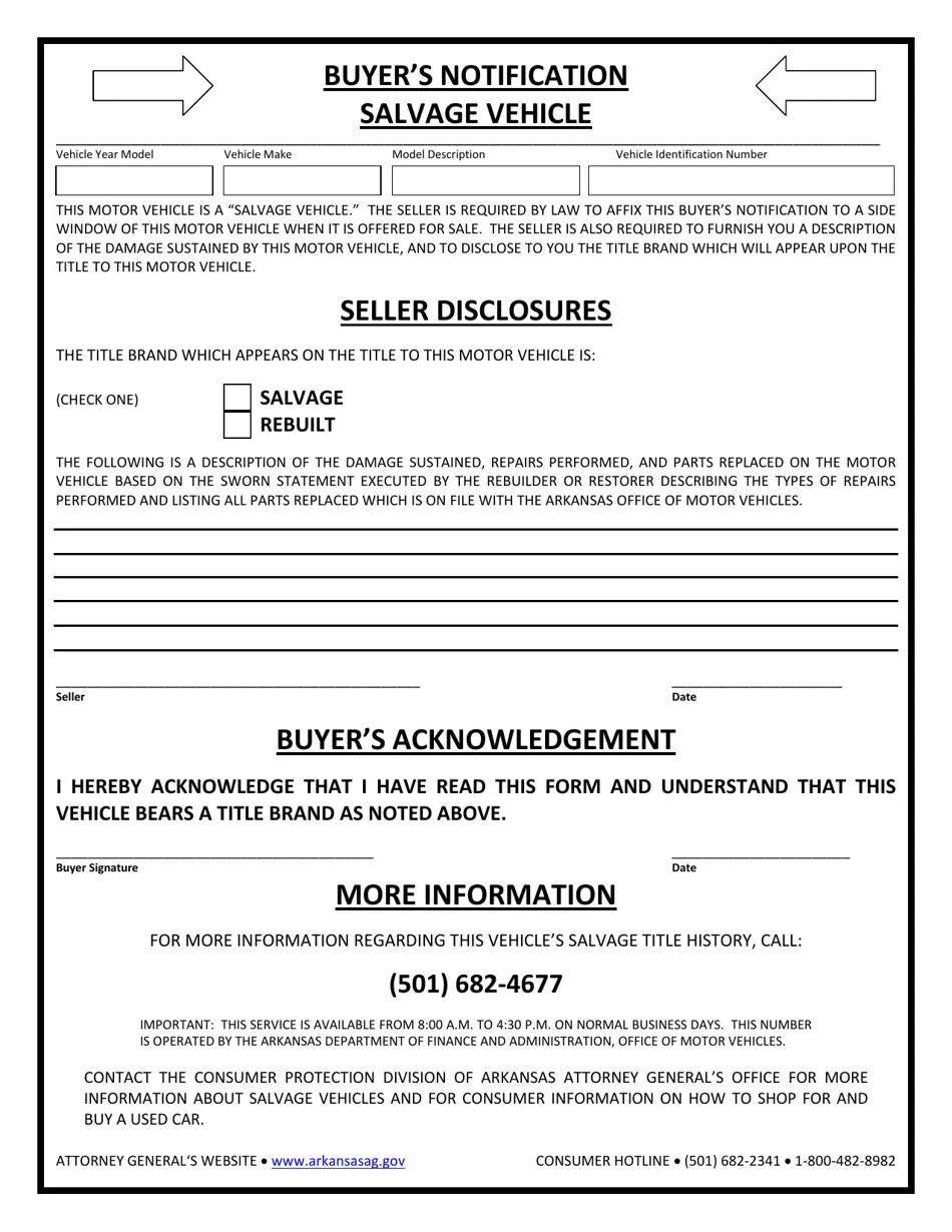 Arkansas Salvage Vehicle Buyer's Notification Fill Out, Sign Online