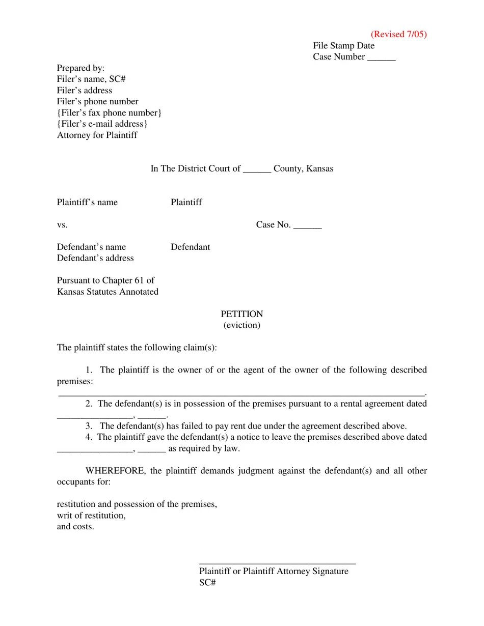 Kansas Petition (Eviction) Fill Out, Sign Online and Download PDF