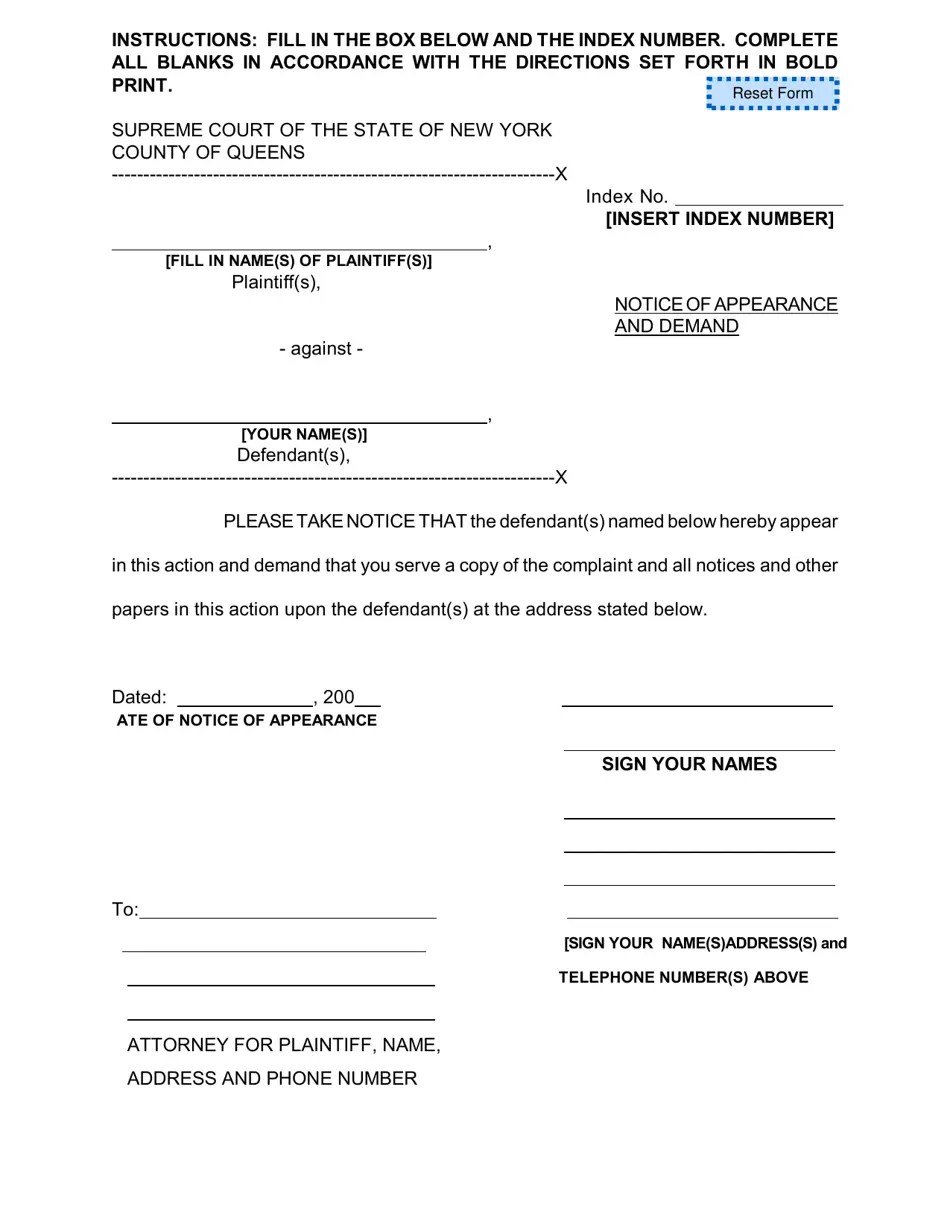 County of Queens, New York Notice of Appearance and Demand Fill Out