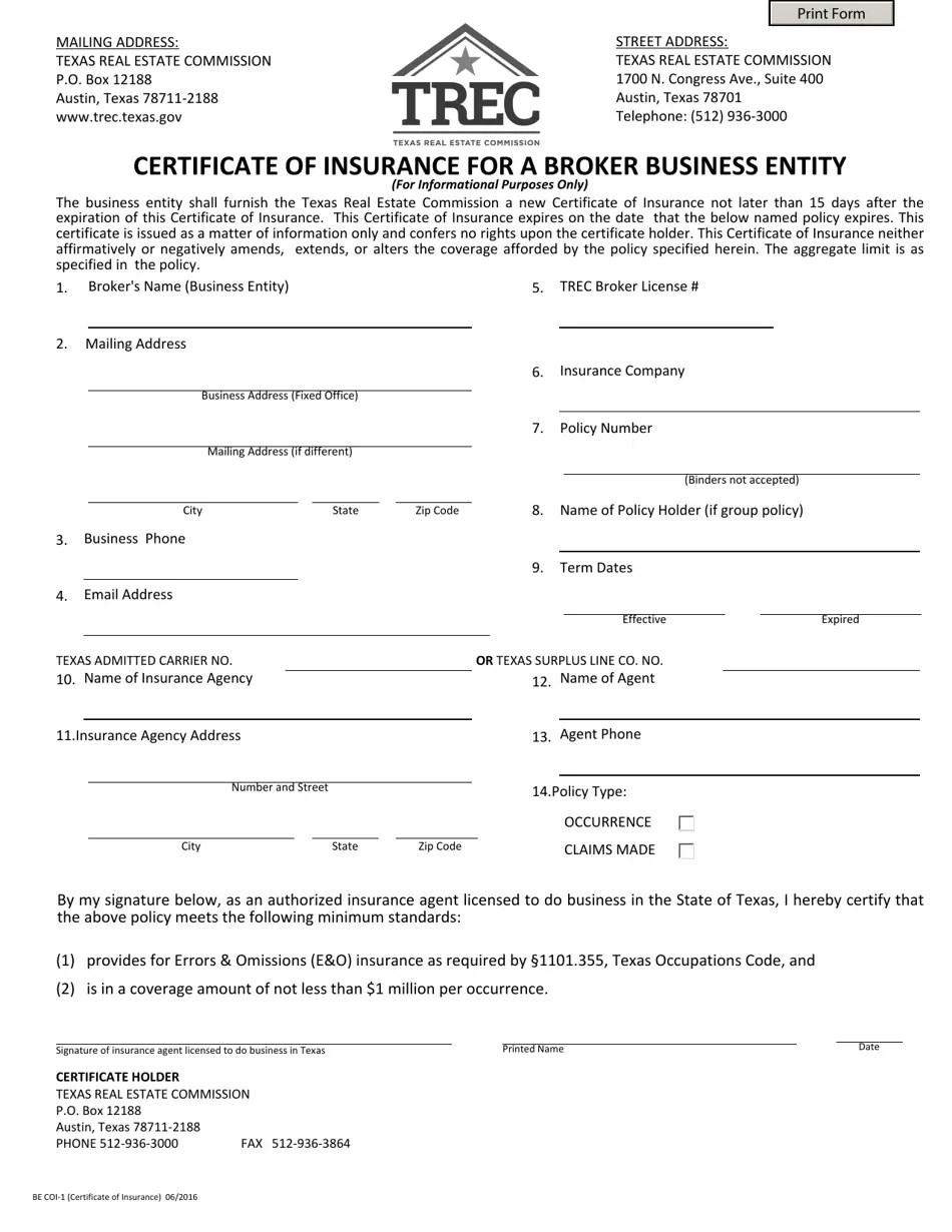 TREC Form BE COI1 Fill Out, Sign Online and Download Fillable PDF